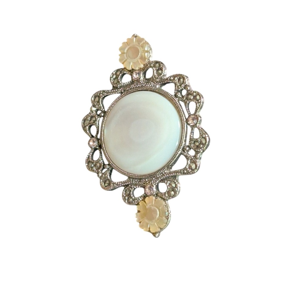 Vintage Mother of Pearl Marcasite Style Brooch Silver Tone Pink Rhinestone Pin